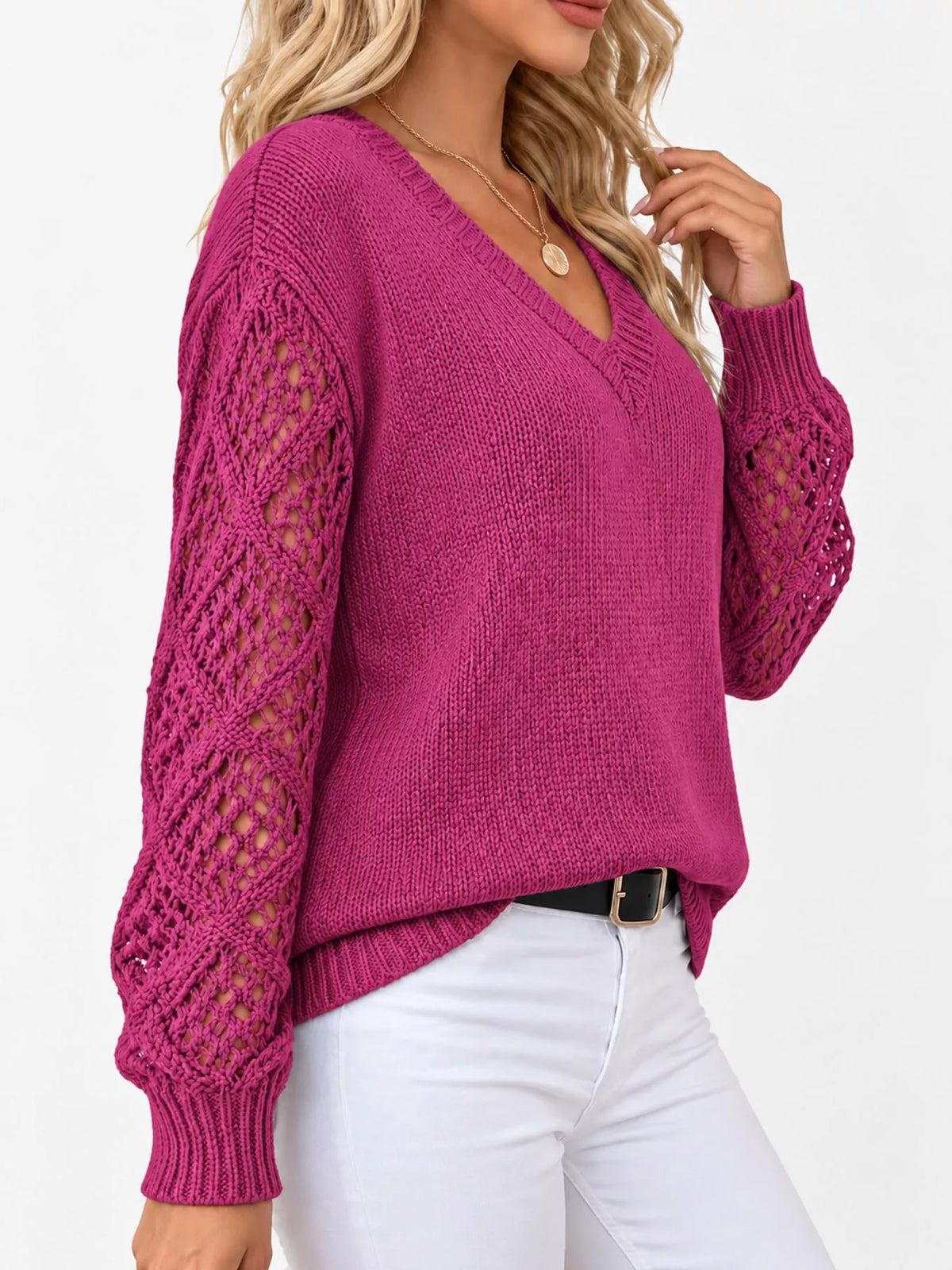 Fuchsia v neck openwork long sleeve sweater, side view