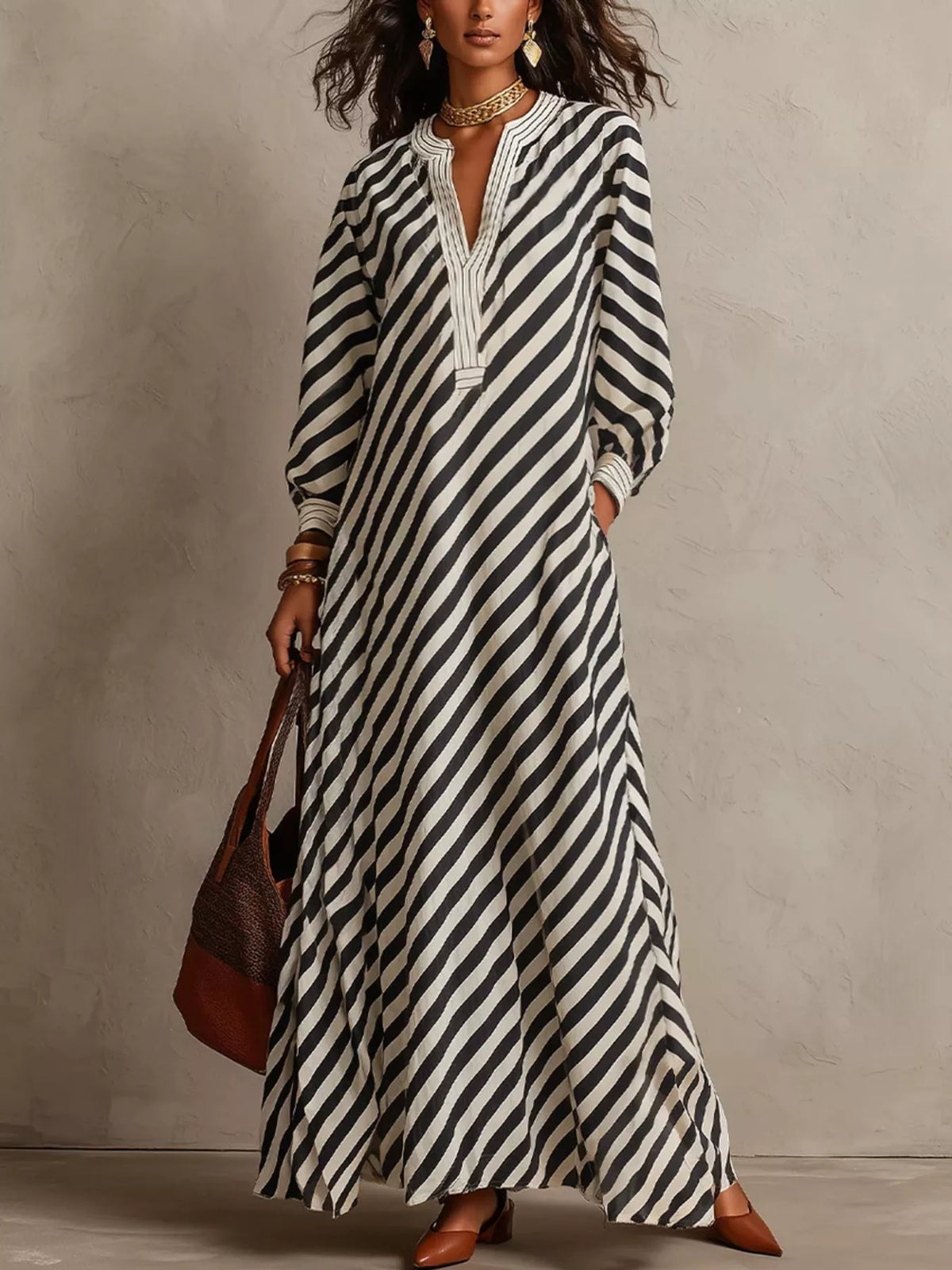 Striped Long Sleeves Maxi Dress in black, front view