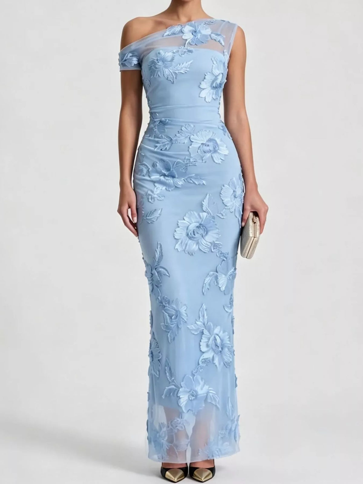 Blue floral one-shoulder maxi dress, front view