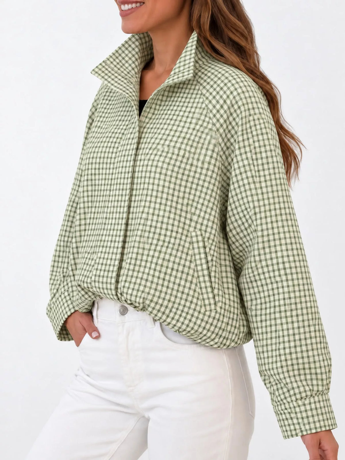 Aqua Green Plaid plaid stand-collar cropped jacket