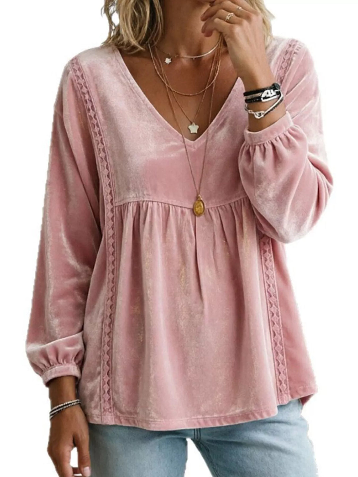 Women's V-Neck Long-Sleeve Velvet Blouse with Lace Trim — alternate view 6
