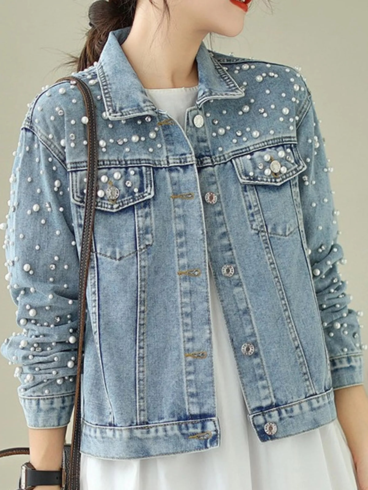 Women's Pearl Detail Button Up Denim Jacket in blue — side view