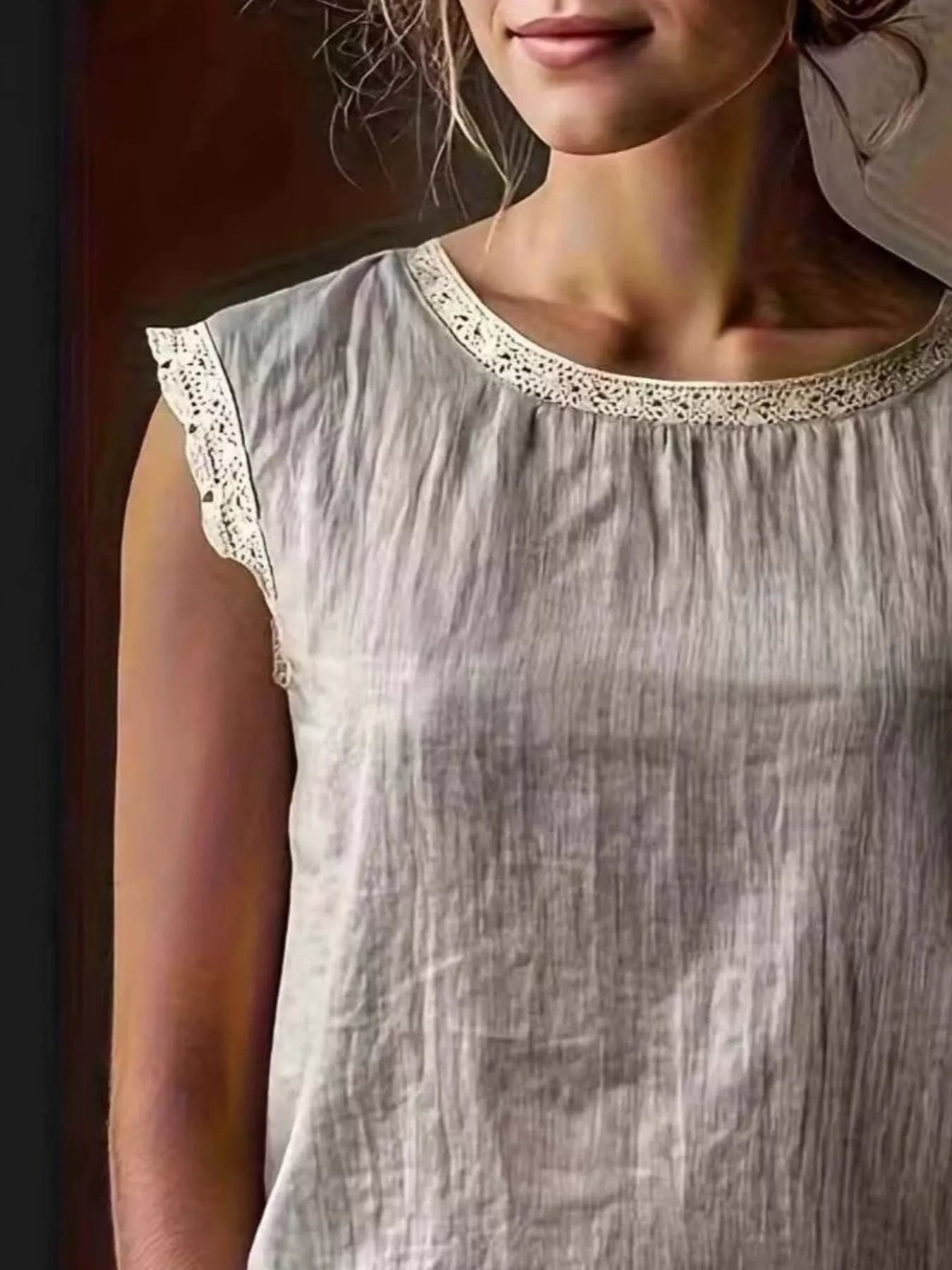 Trendsi Lace Trim Round Neck Sleeveless Blouse -