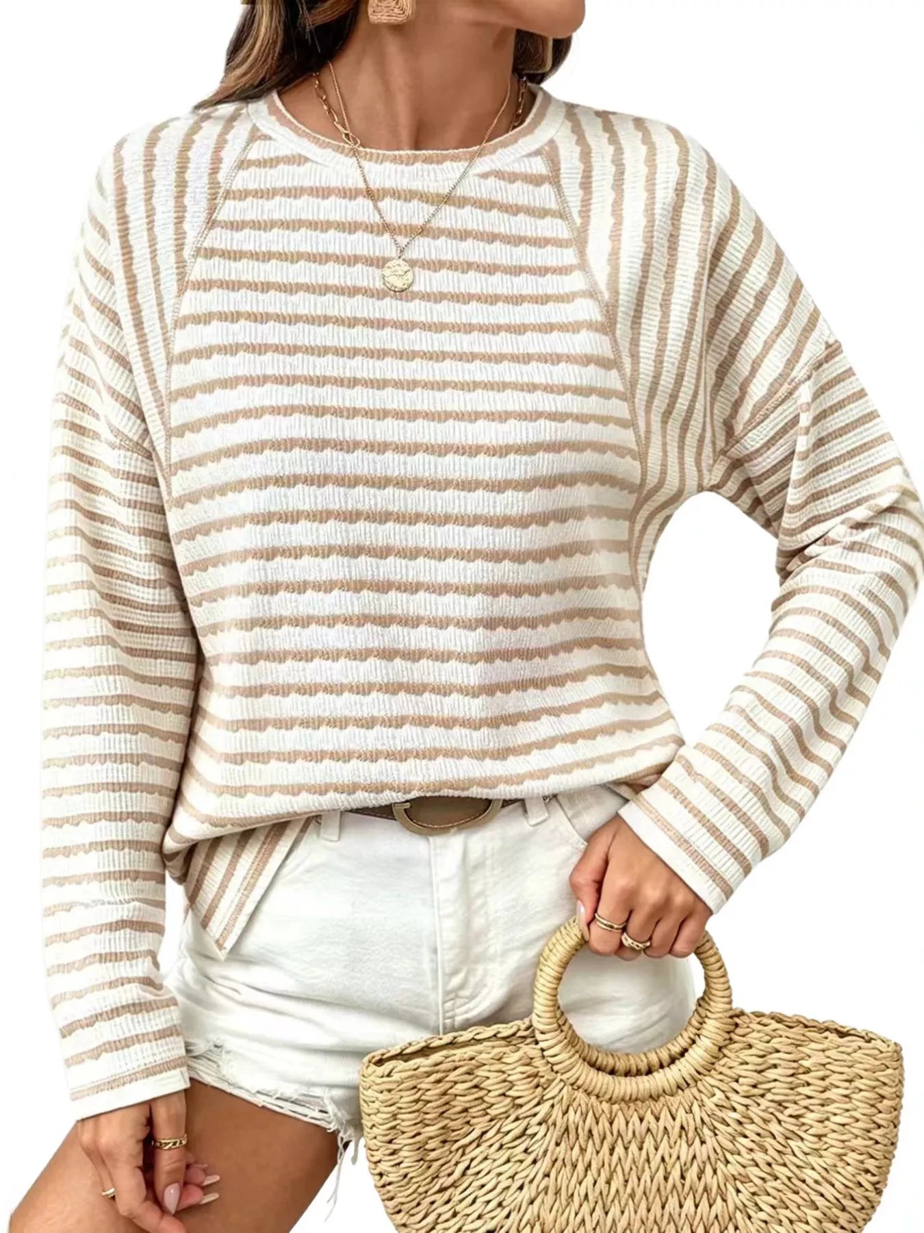 Trendsi Casual Striped Raglan Sleeve Long-Sleeve T-Shirt -