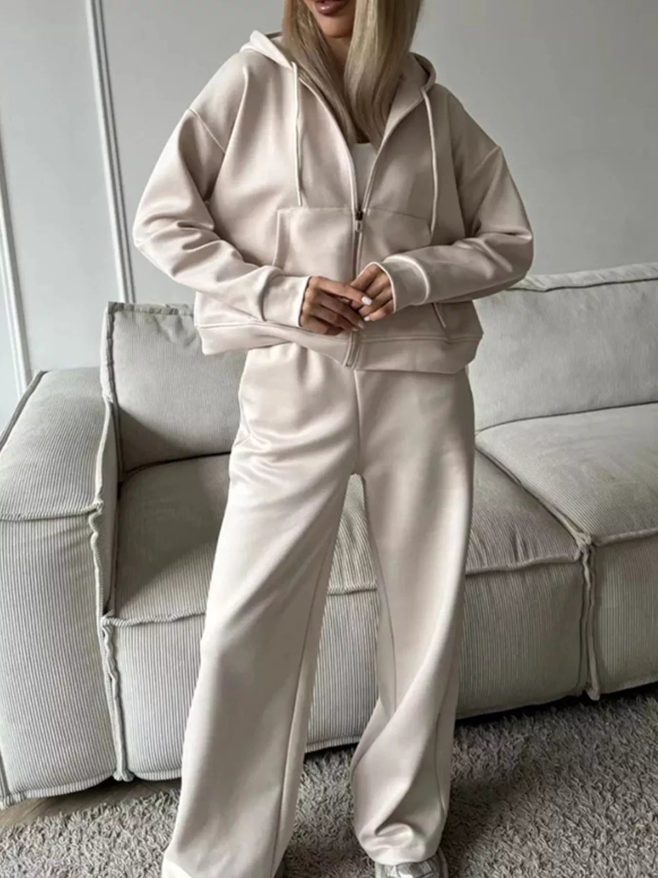 Trendsi Zip-Up Hoodie and Wide-Leg Pants Set -