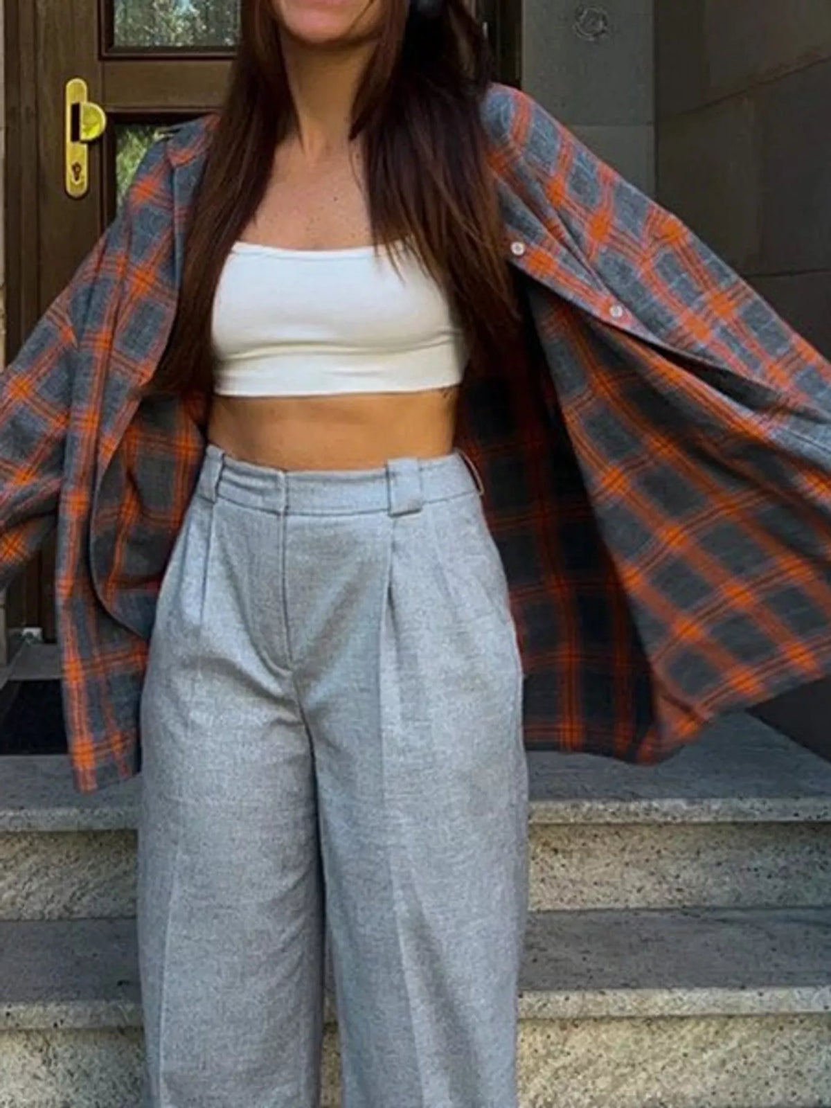 Orange plaid button up shirt