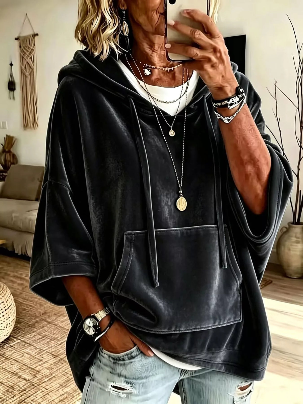 Black velvet kangaroo pocket drawstring hoodie