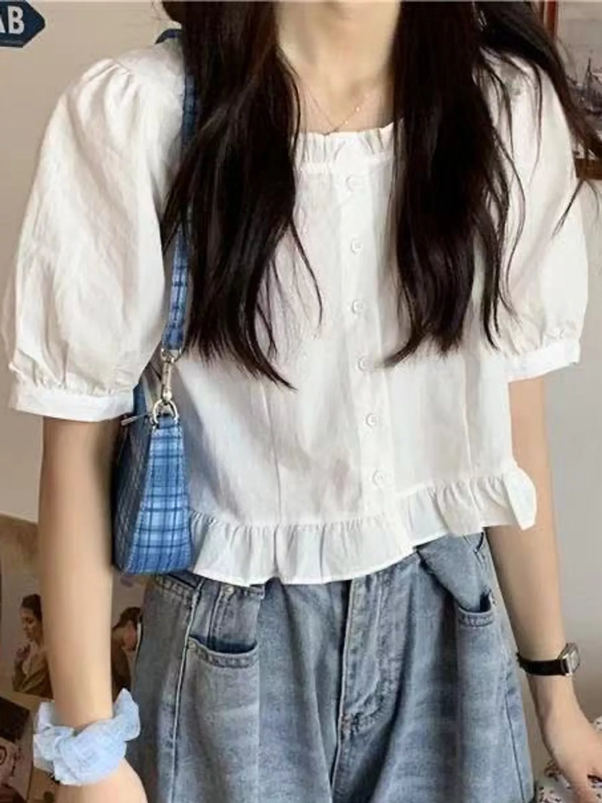 Ruffled Hem Button-Down Shirt — front view