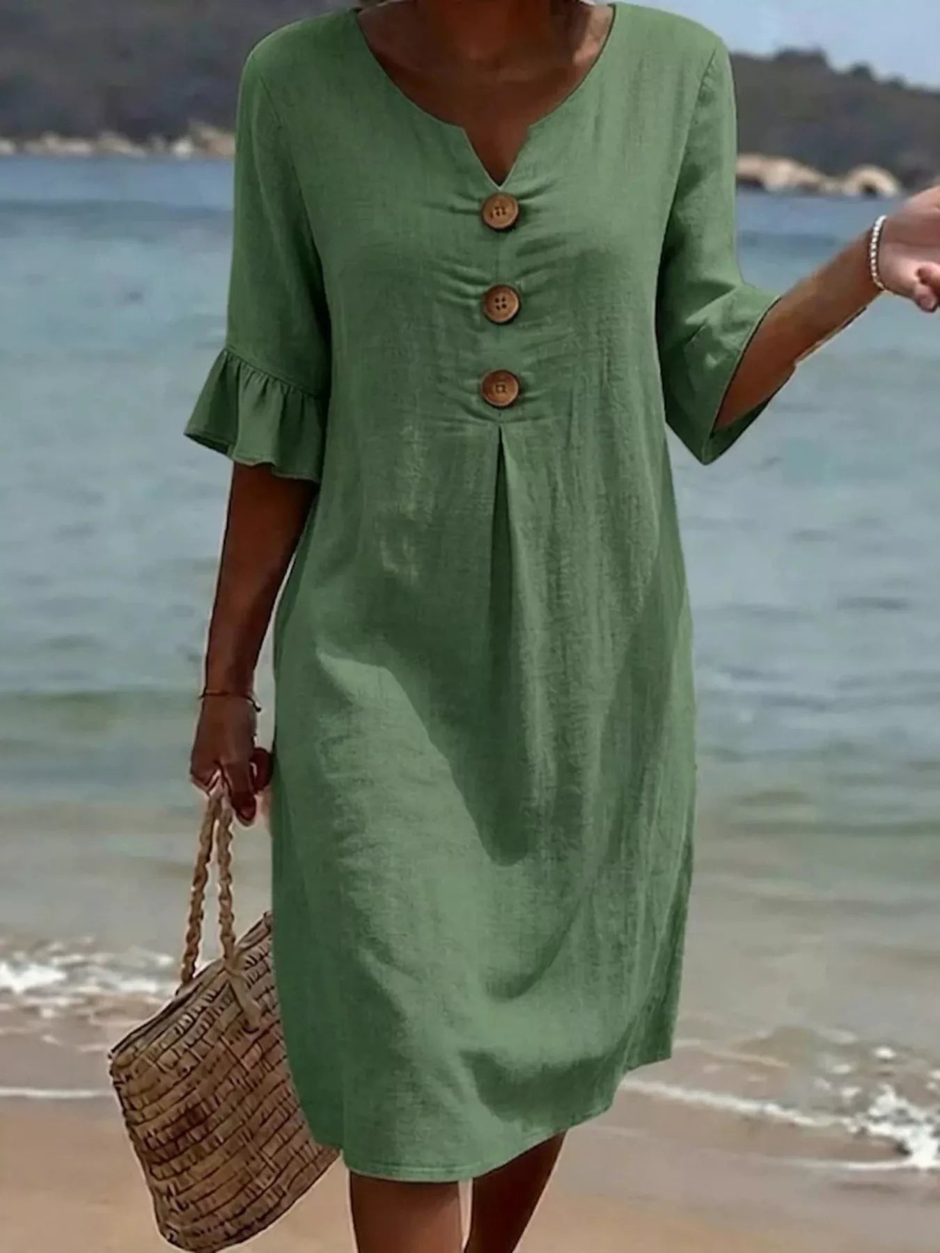 Trendsi Full Size Casual Decor Button Dress with Ruffle Sleeves Plus Size -