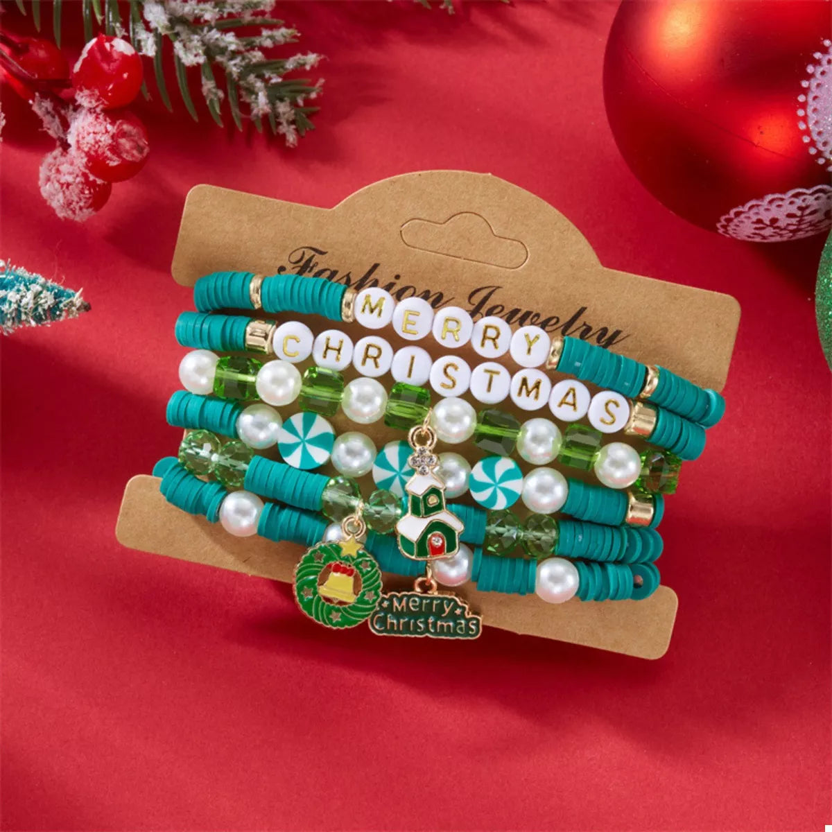 Trendsi 6-Piece Christmas Beaded Bracelet with Pearl Accents -