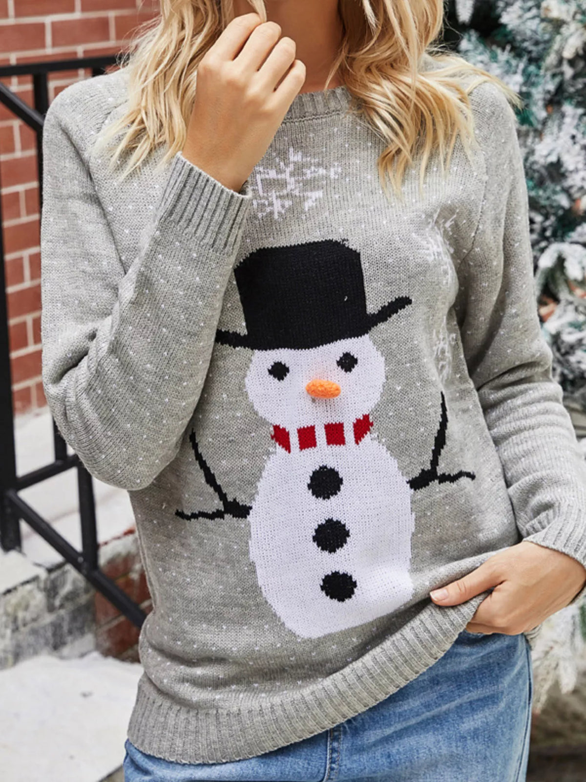 Grey snowman graphic raglan sleeve sweater