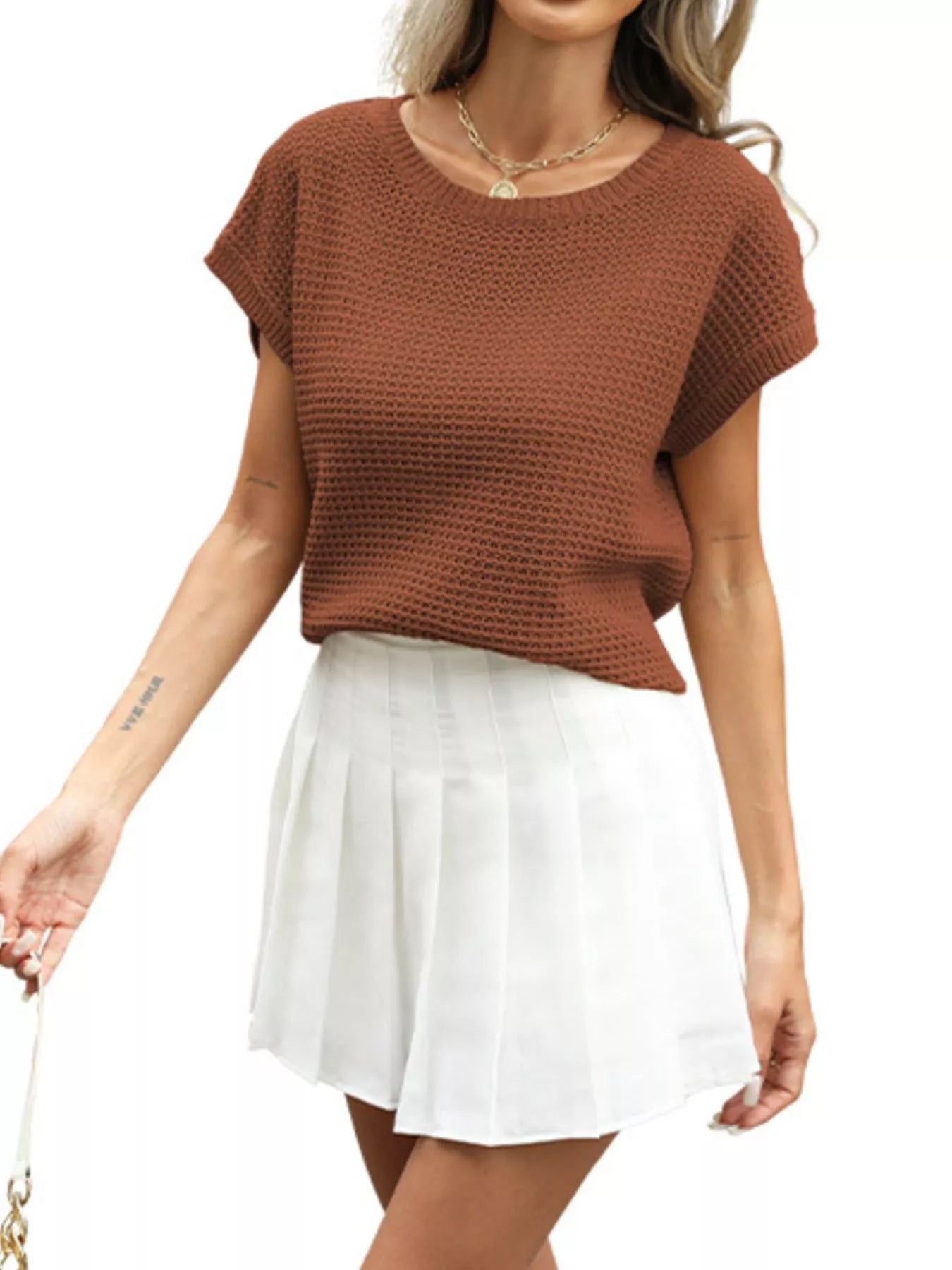 Trendsi Short Sleeve Waffle Knit Top -