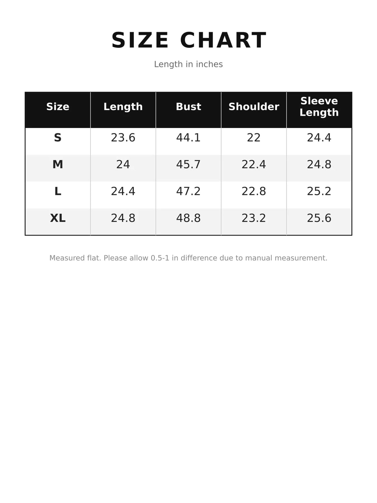 Size chart for asymmetric zip-up moto-style jacket