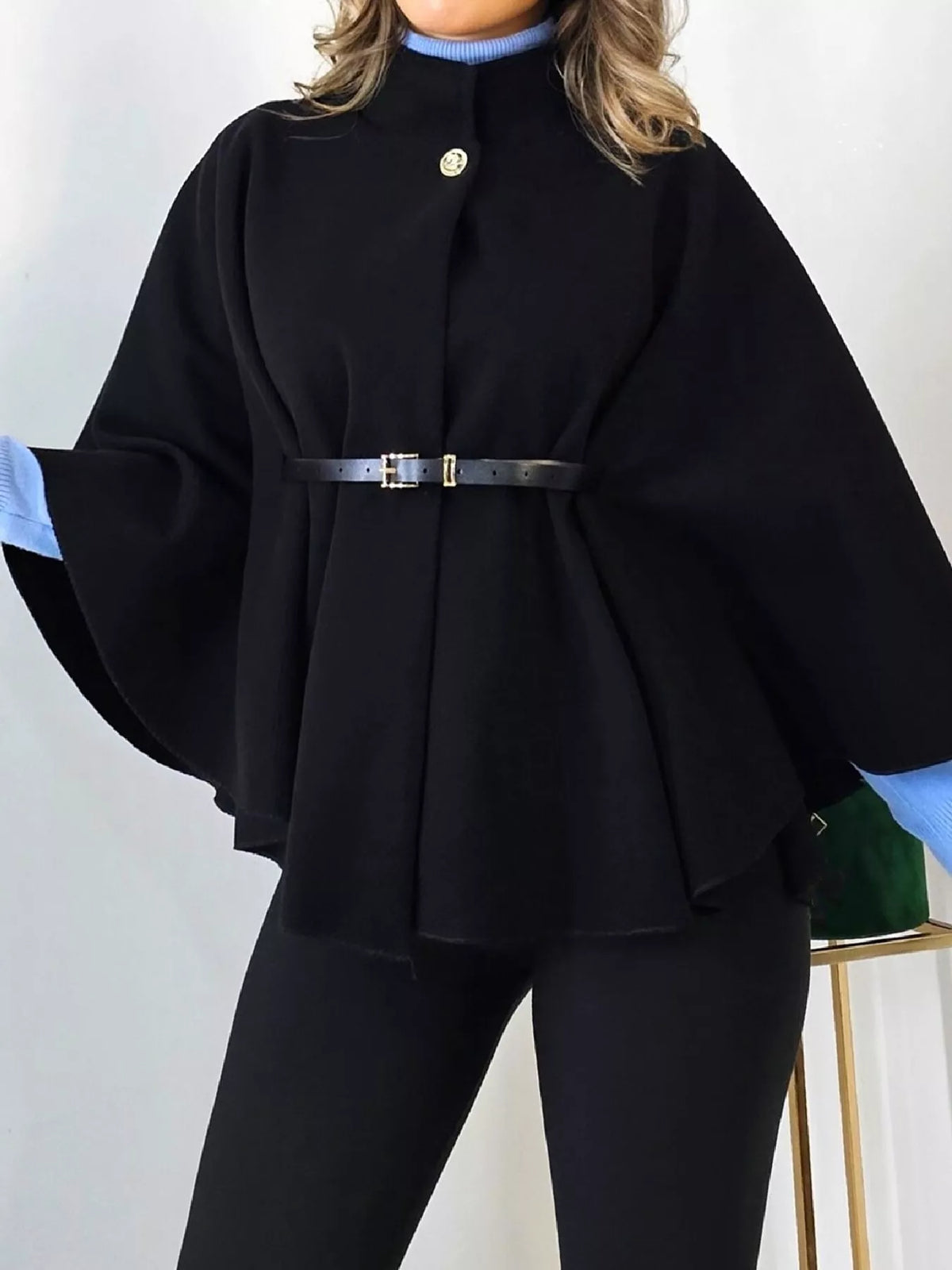 Belted Mock Neck Cape in black, front view