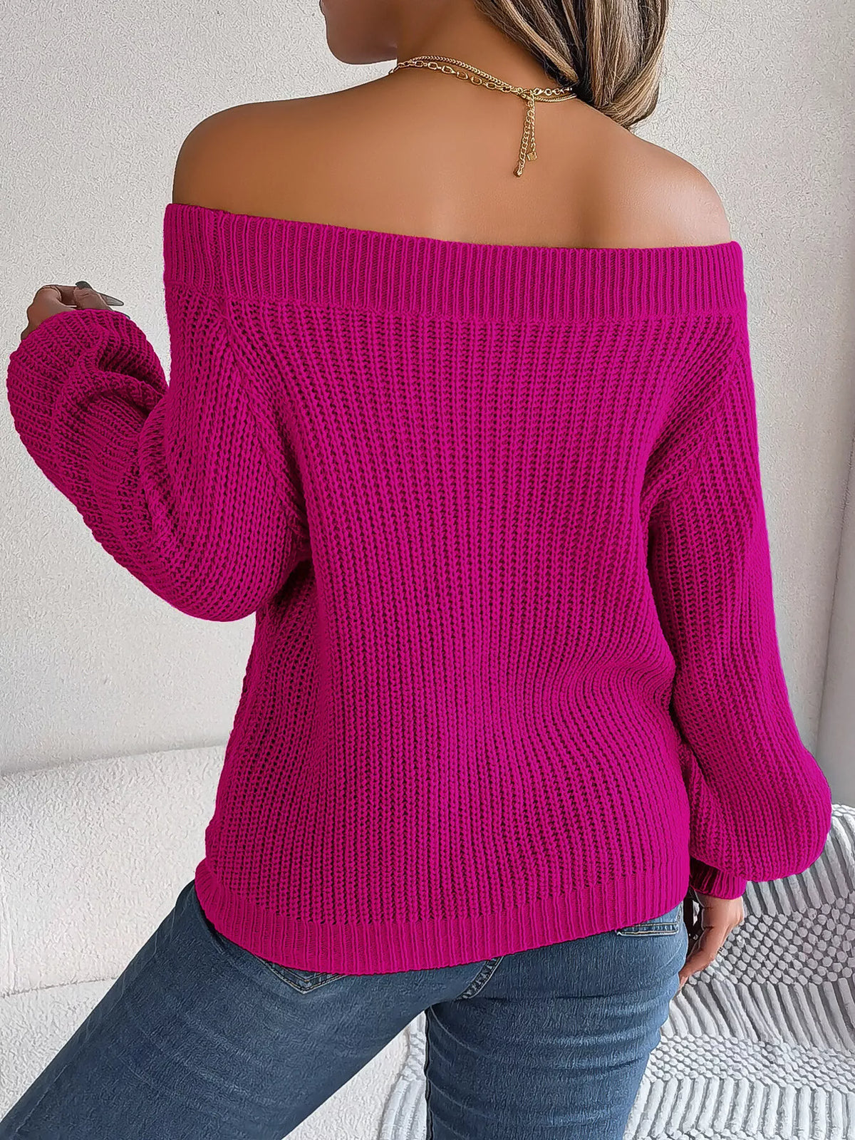 Openwork Off-Shoulder Sweater in hot pink, back view