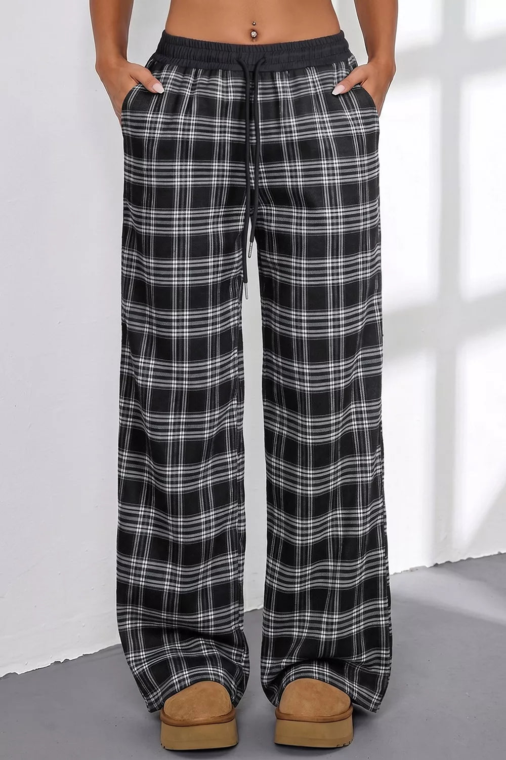 Trendsi Plaid Wide-Leg Drawstring Pants -