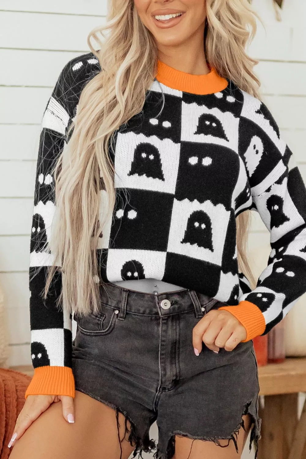 Trendsi Halloween Ghost Pattern Checkerboard Sweater -
