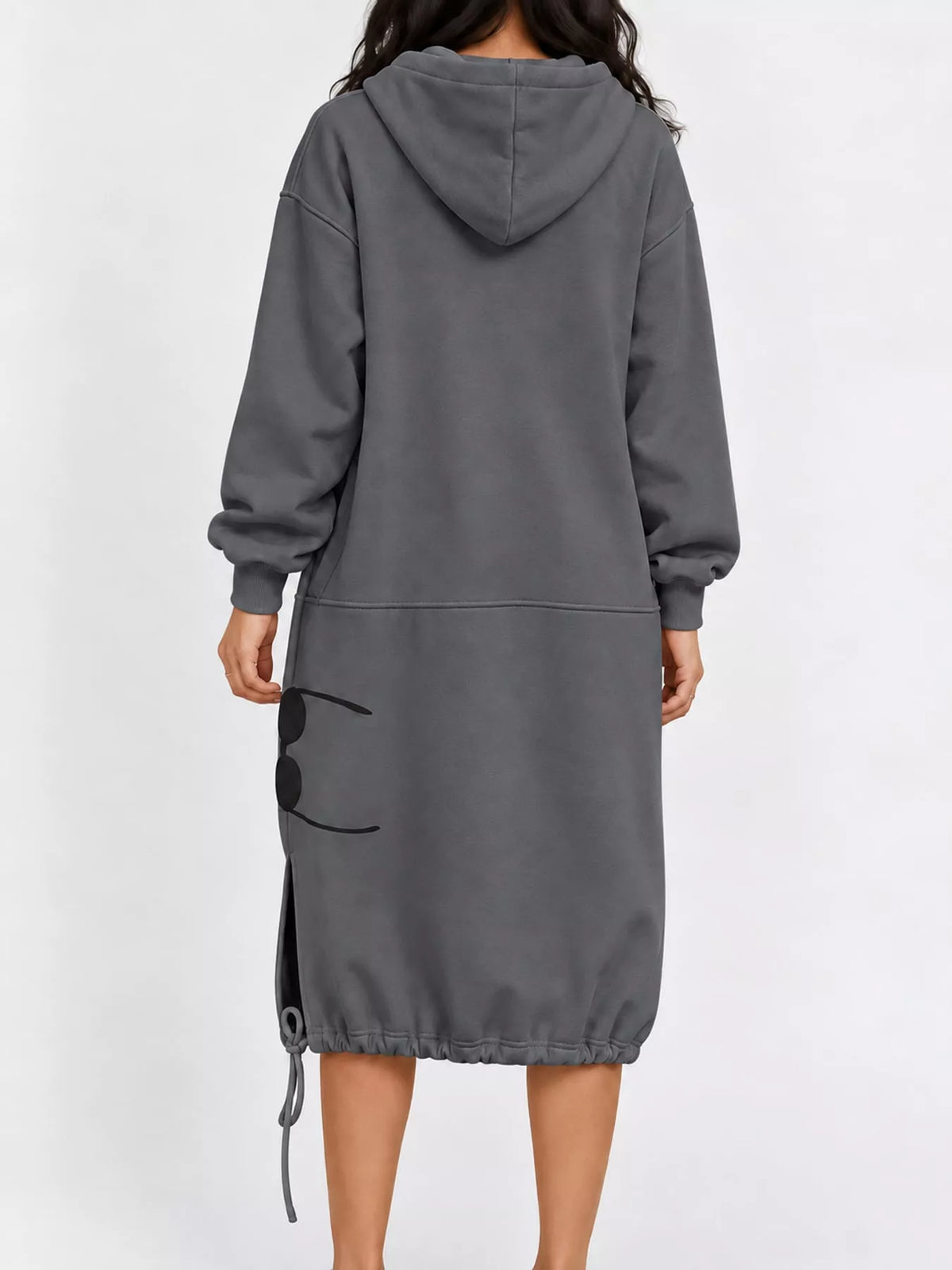 Gray hooded sweatshirt midi dress with drawstring hem, back view
