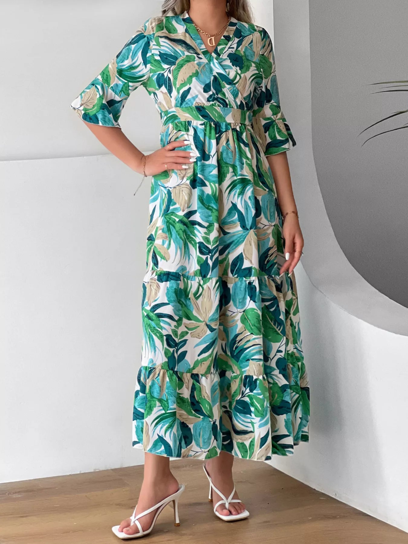 Trendsi Tropical Leaf Print Half Sleeve Midi Dress -