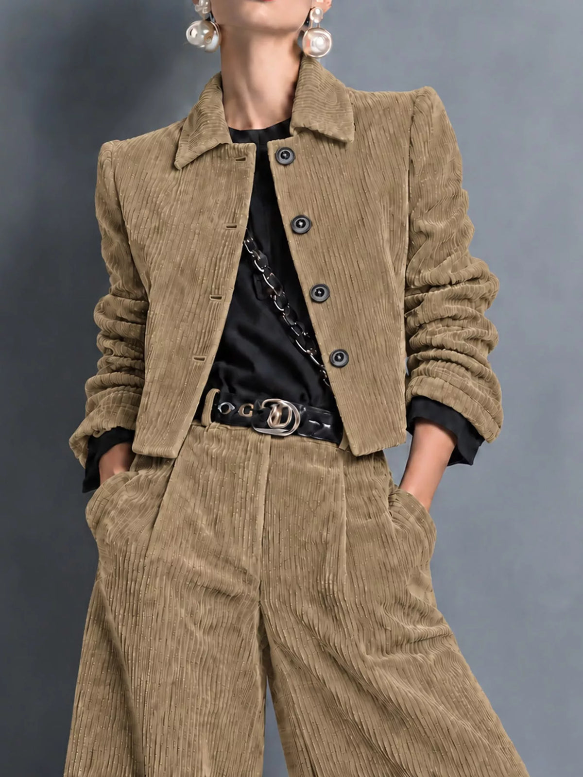 Corduroy Button Up Blazer and Pants Set, detail view in beige