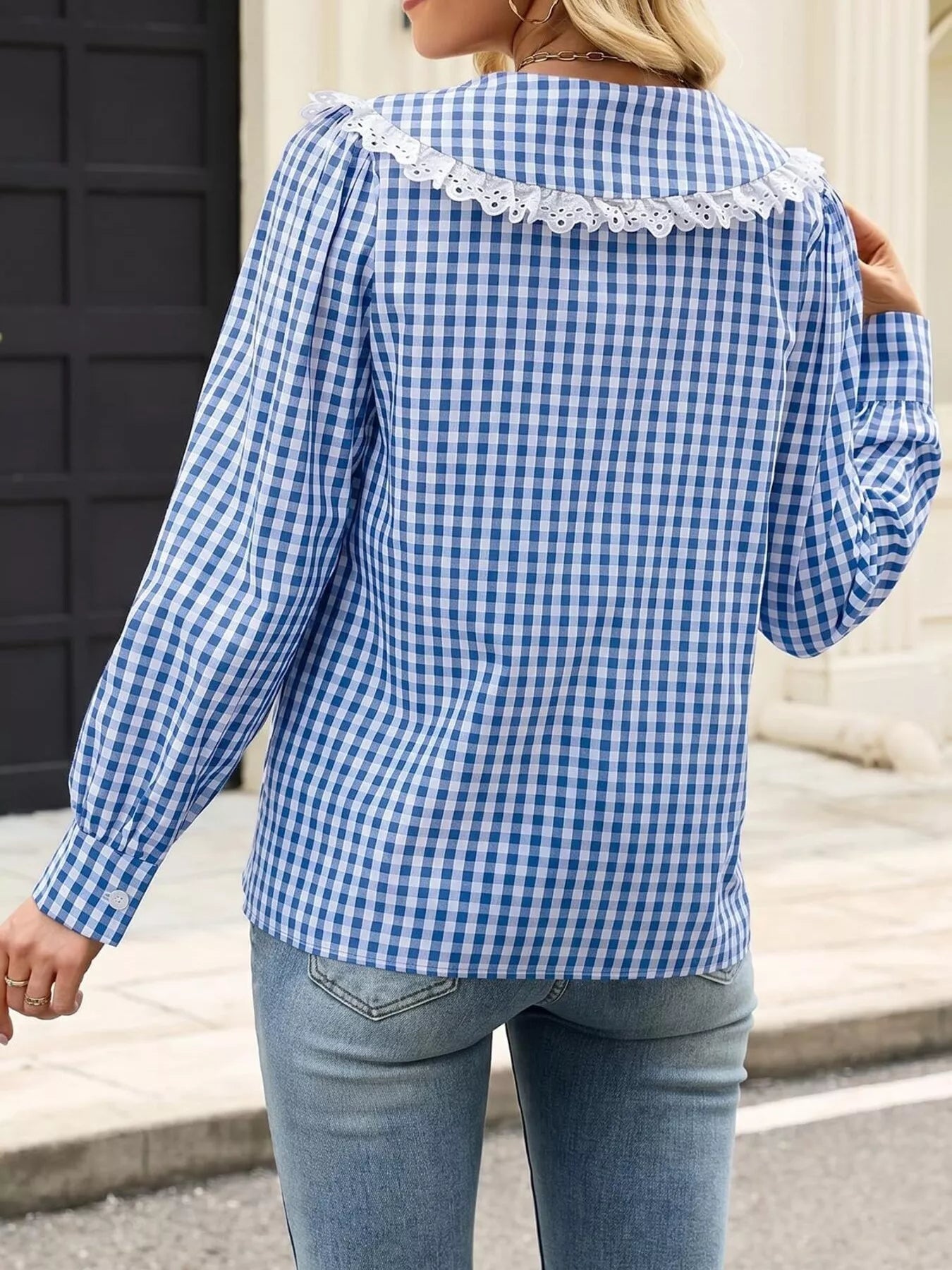 Trendsi Lace Peter Pan Collar Button Up Shirt -