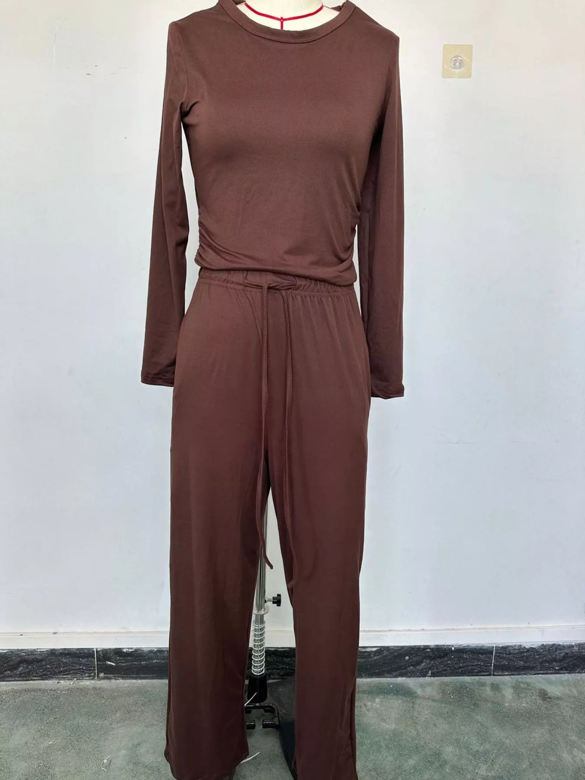 Long Sleeve Ruched Top and Wide-Leg Drawstring Pants Set — garment front