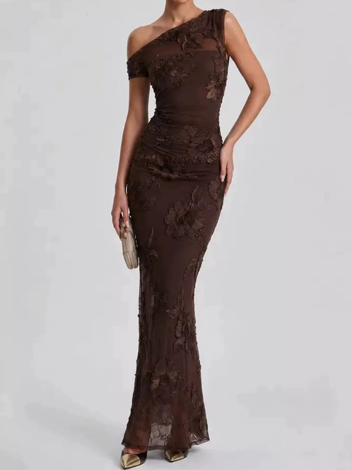 Brown floral one-shoulder maxi dress, front view