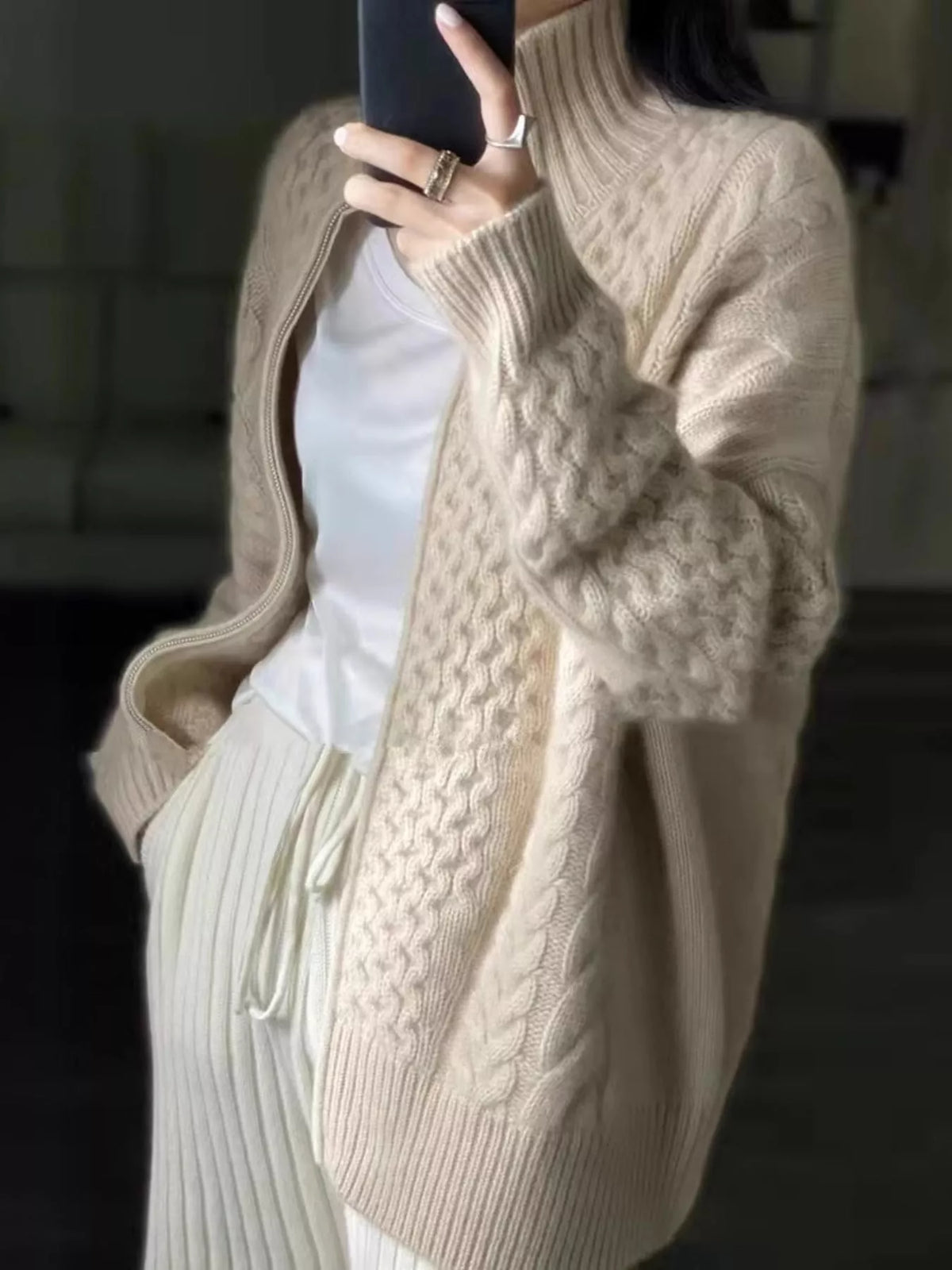 Cable-knit cardigan, beige side