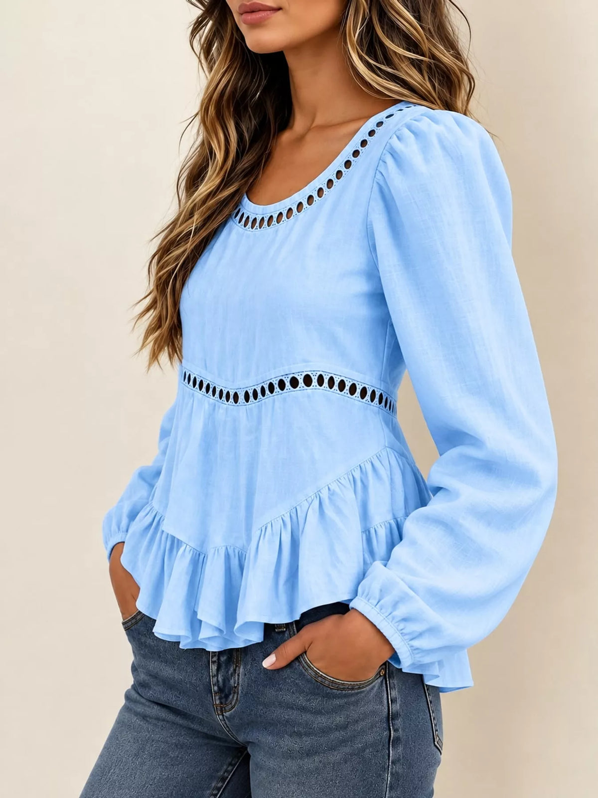 Women's Long Sleeve Blouse with Eyelet Lace Trim and Ruffled Hem in light blue — side view