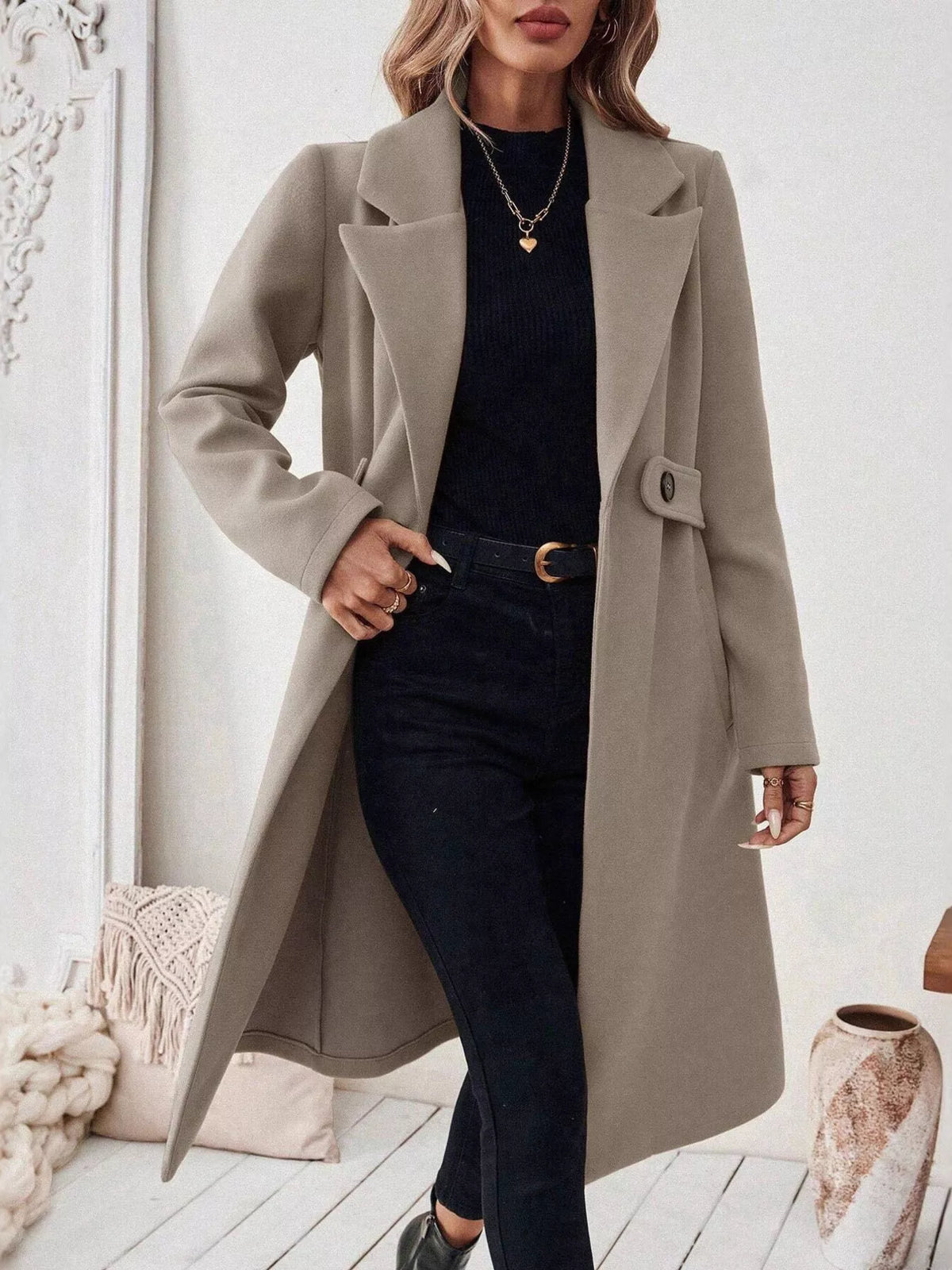 Taupe lapel-collar longline coat, open front, hand at waist