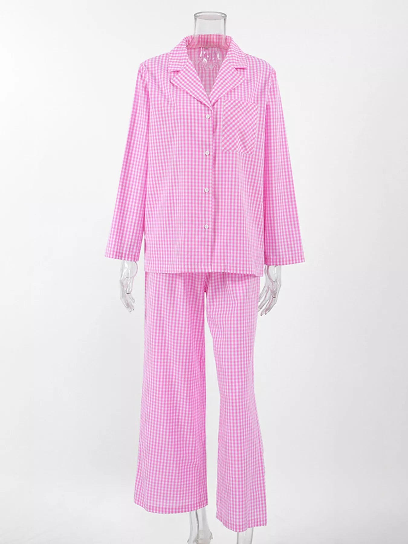 Trendsi Gingham Button-Down Top and Pants Loungewear Set -