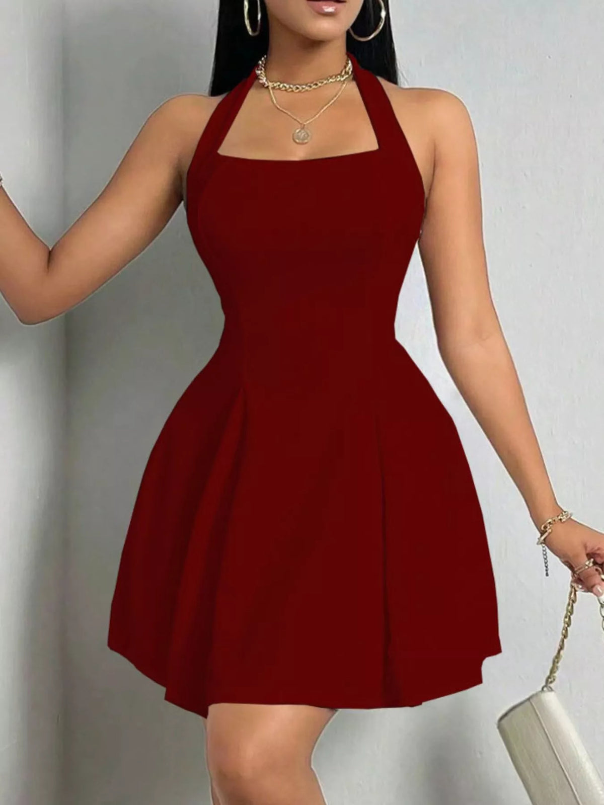 Burgundy halter-neck a-line mini dress, full front view.