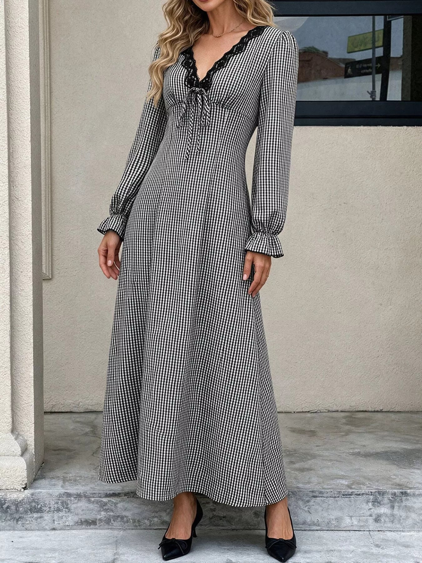 Trendsi Gingham Lace-Trim V-Neck Long Sleeve A-Line Maxi Dress -