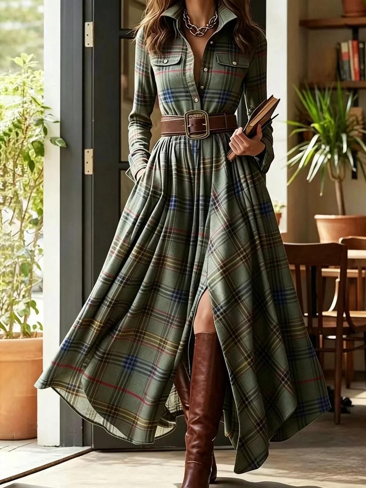 Vintage Plaid Button-Down Maxi Shirt Dress in mint green