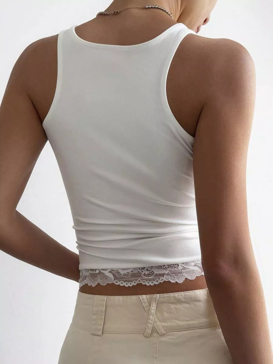 Lace Detail Wide Strap Tank in white, back view