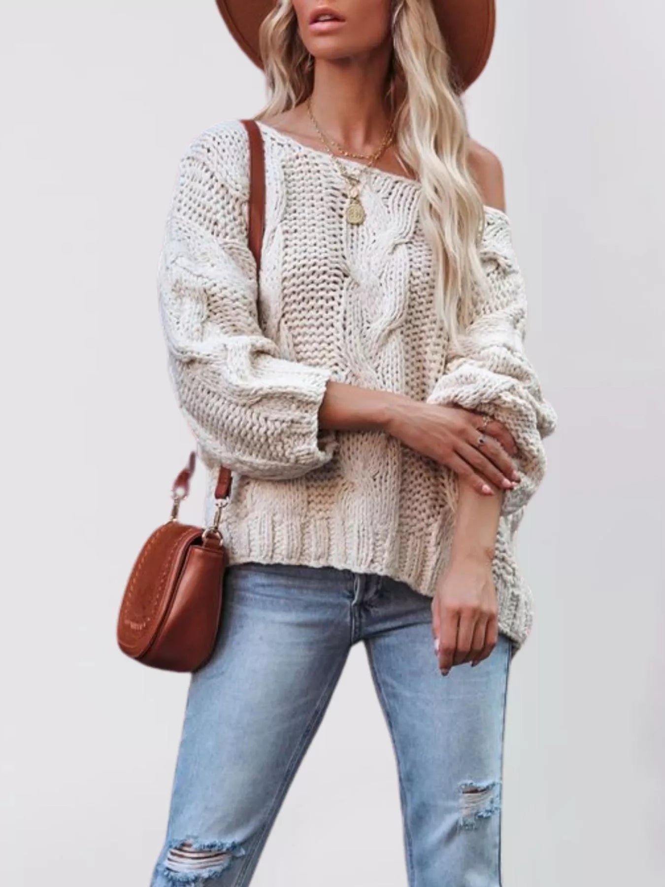 Trendsi Chunky Cable Knit Long Sleeve Sweater -