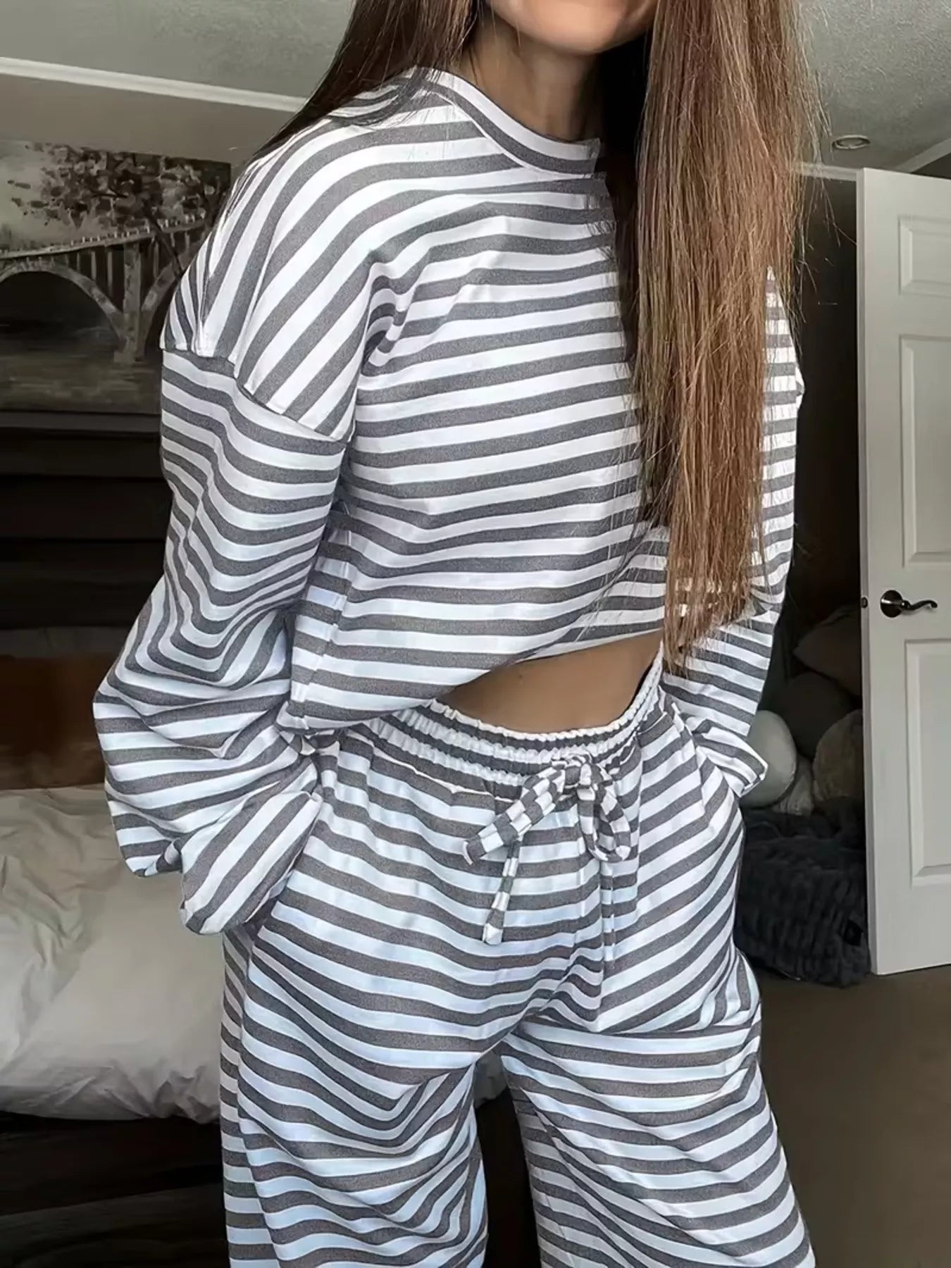 Trendsi Striped Dropped Shoulder Top and Pants Set -