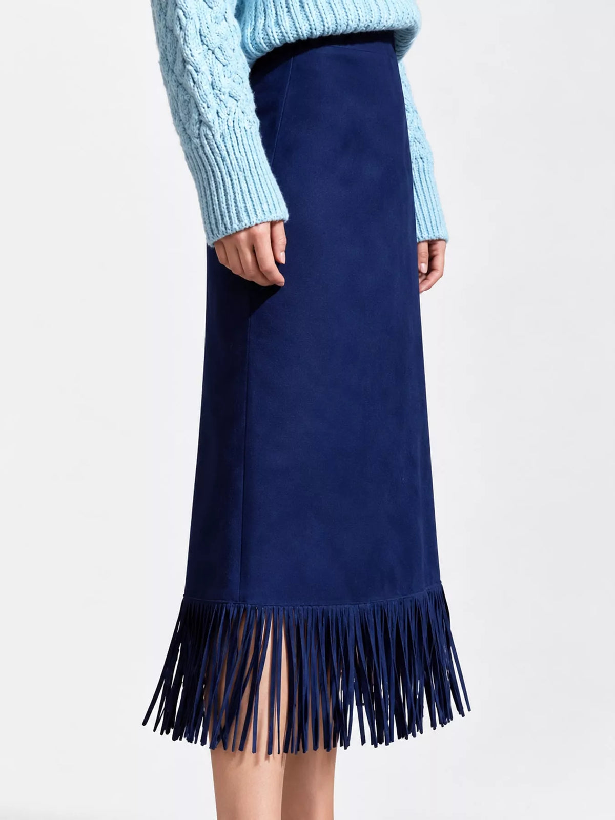 Navy fringe midi skirt, side view