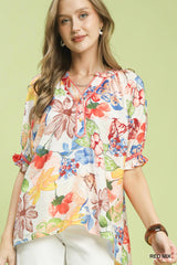 Trendsi Umgee Watercolor Floral Print Top with High-Low Hem -