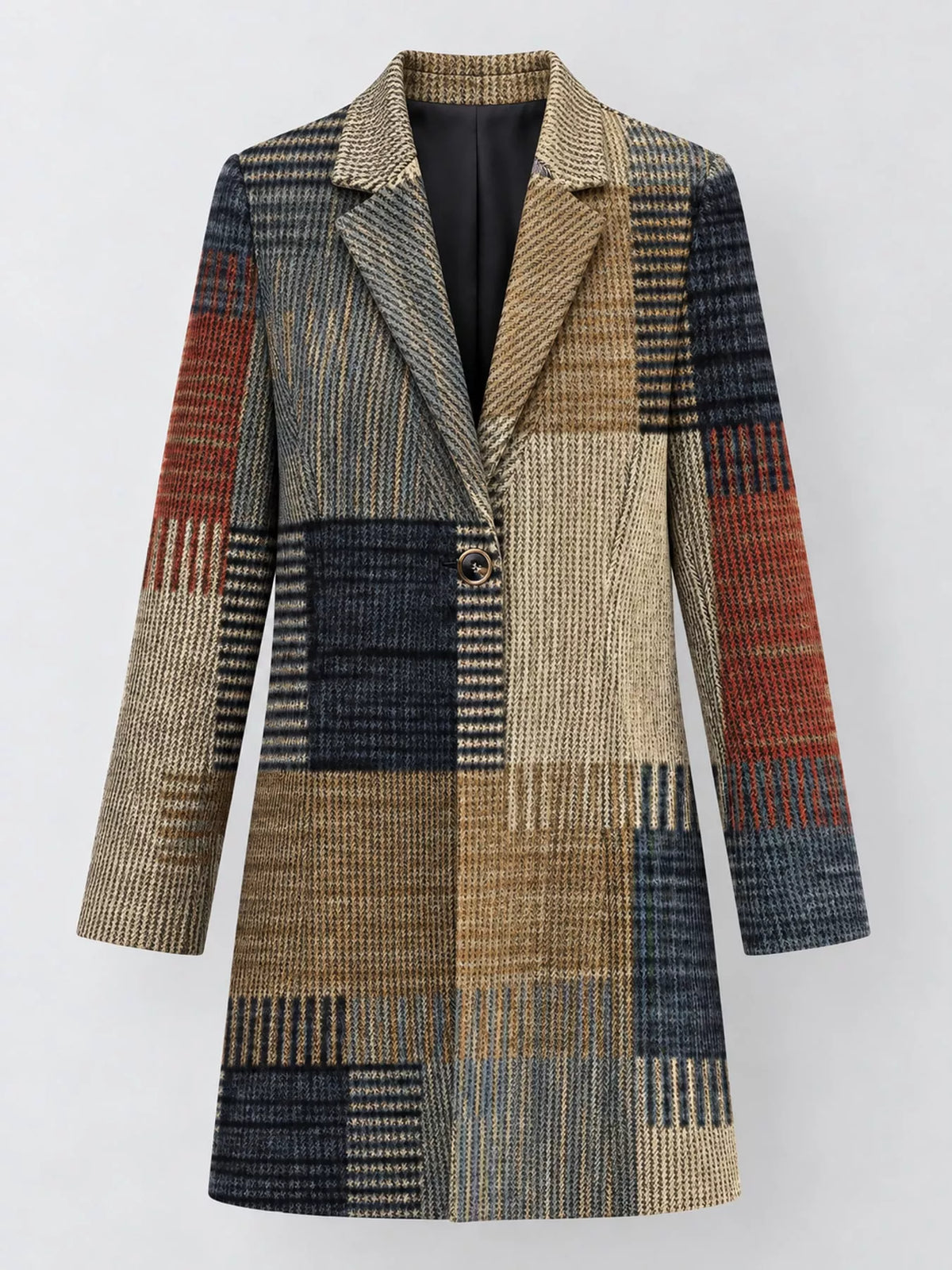 Women's Patterned Notched Lapel Longline Coat in multicolor check — flat lay view