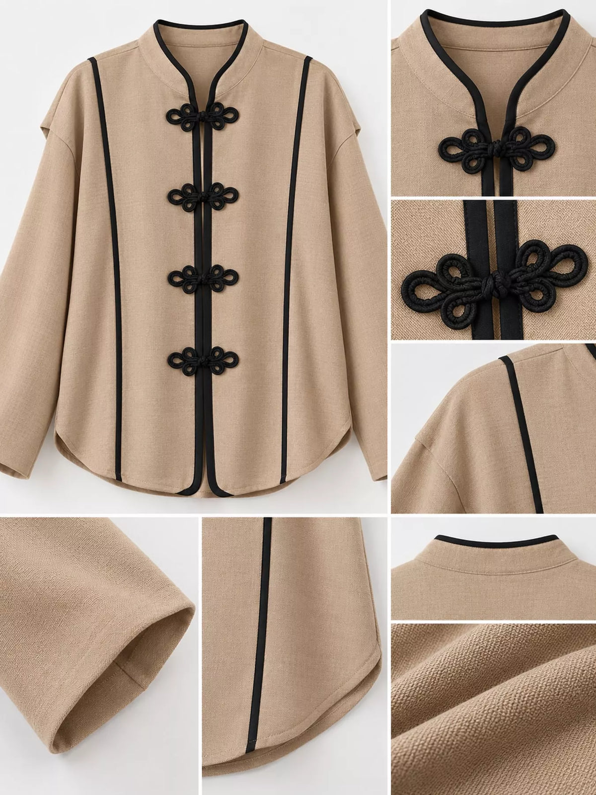 Brown chinese-style mandarin collar blouse, frog closures and contrasting trim