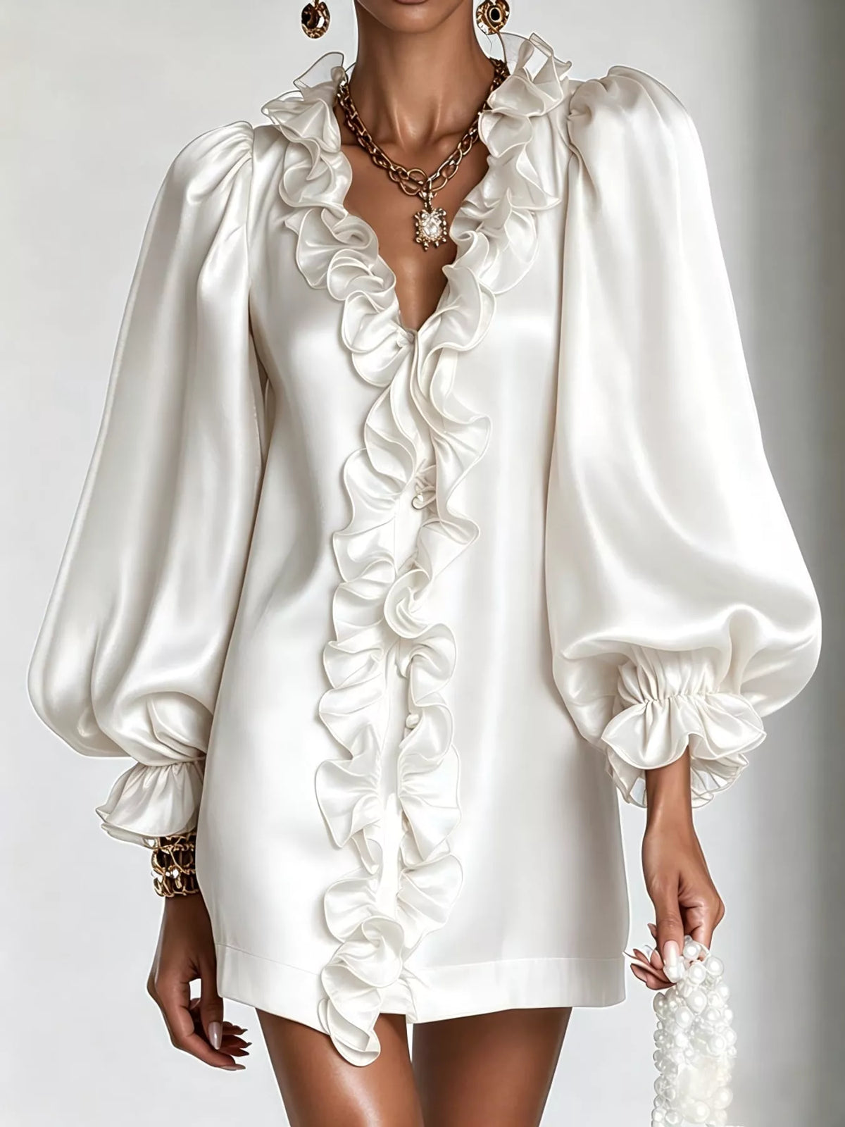 Ruffle Trim Puff Sleeve Mini Dress in white, front view