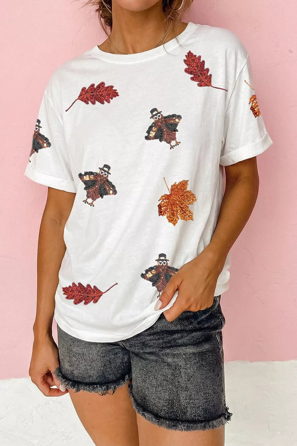 Sequin Autumn Leaf and Turkey Graphic T-Shirt in white, front view