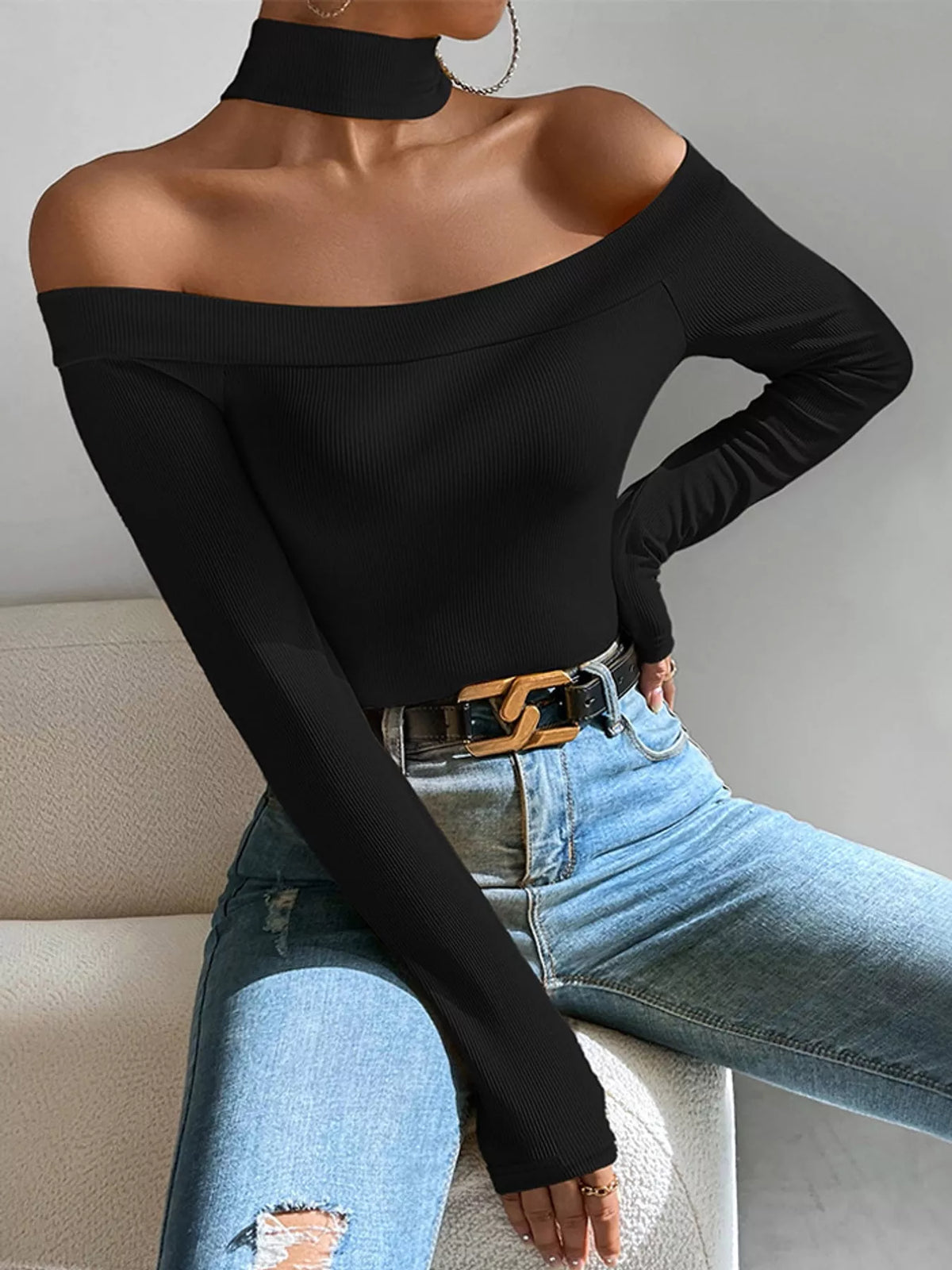 Choker-neck top, black off-shoulder neckline