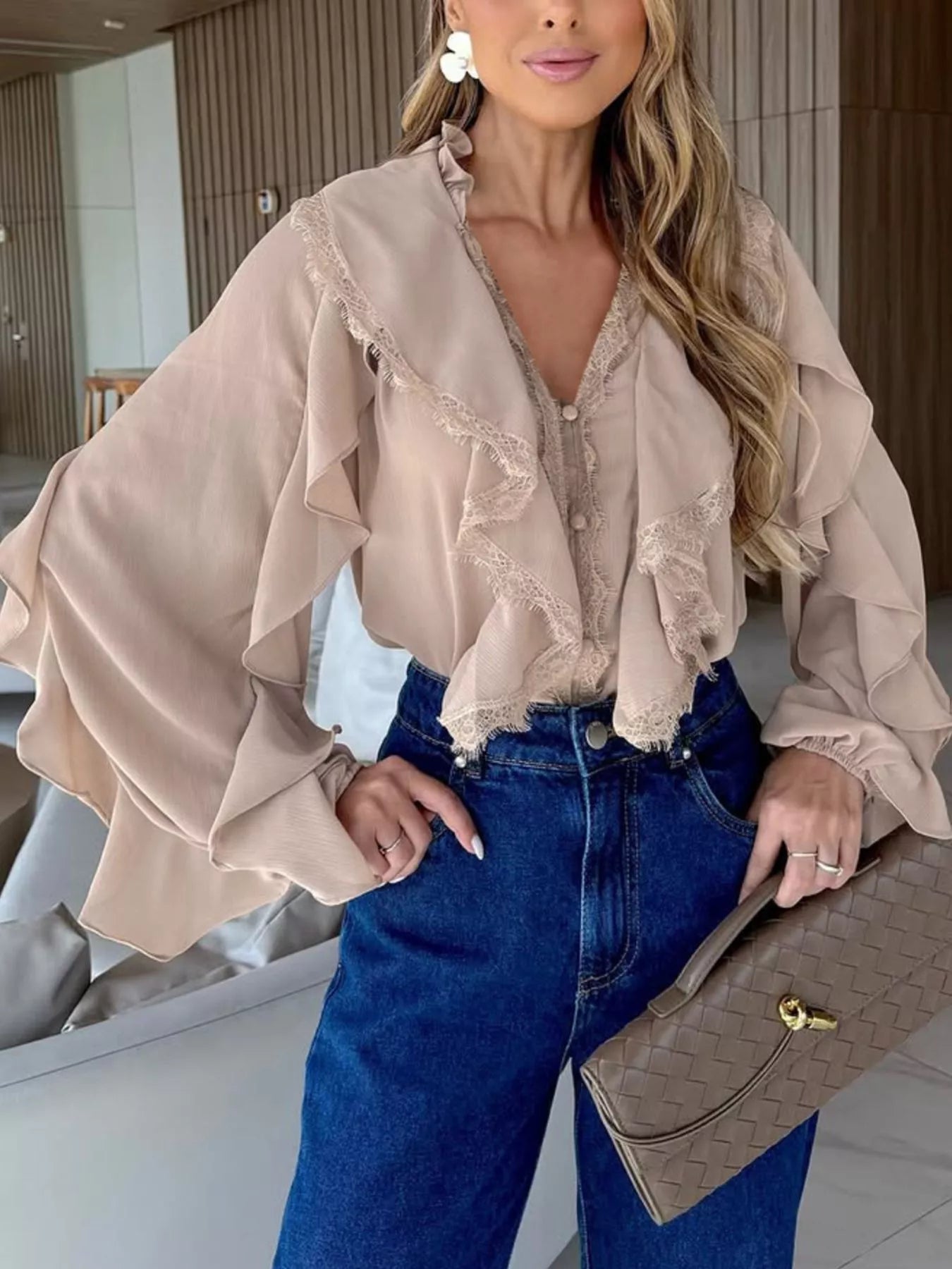 Trendsi V-Neck Ruffled Lace Trim Blouse -