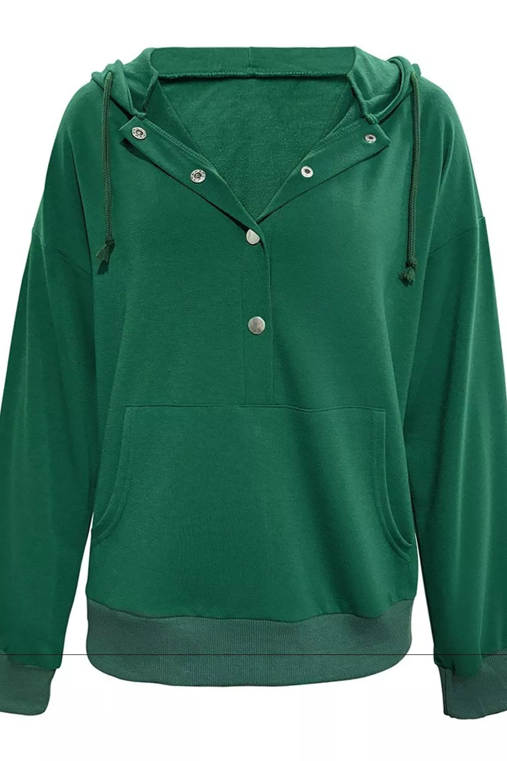 Women's Half Snap Kangaroo Pocket Hoodie in Dark Green, full-length view