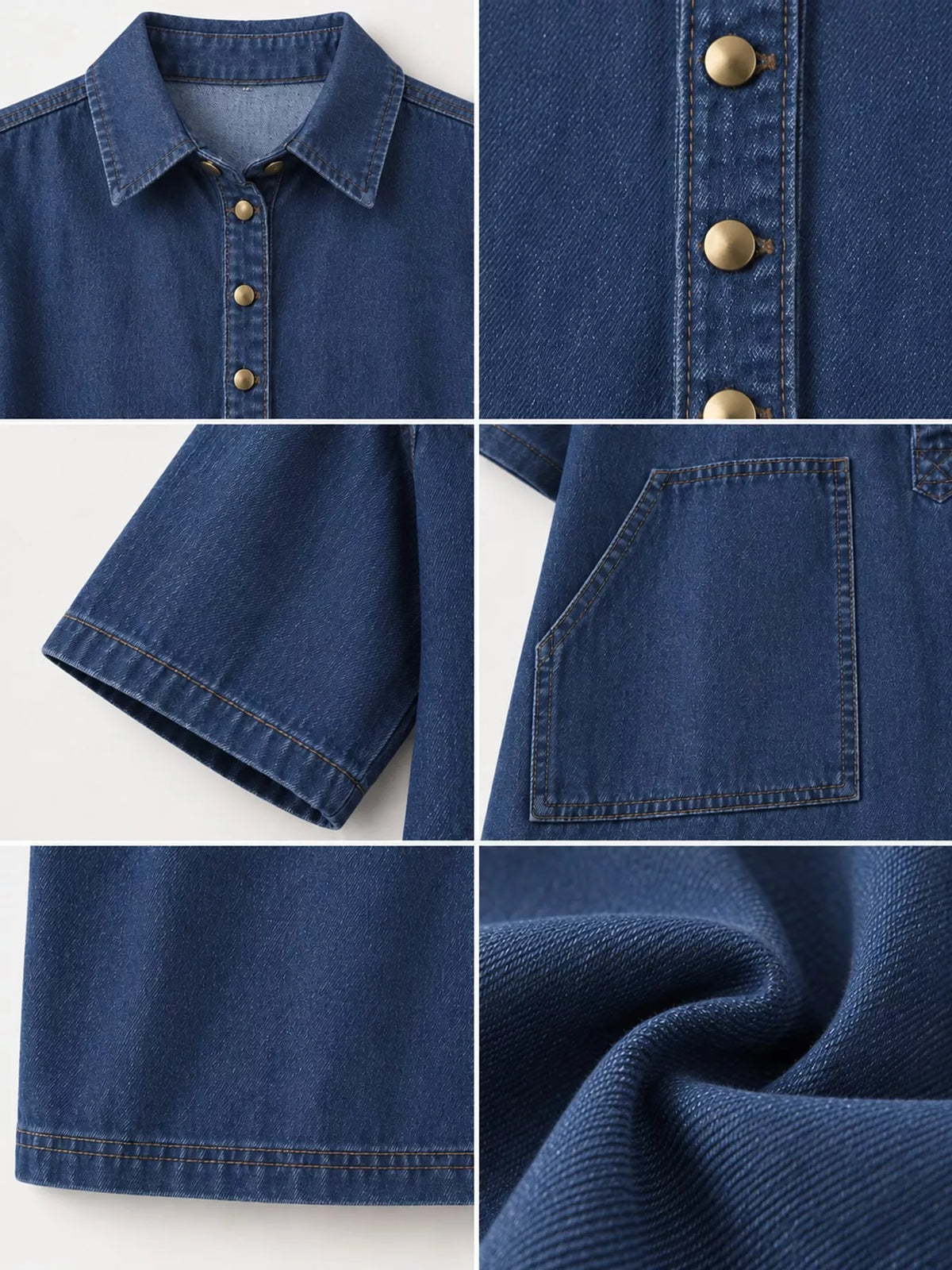 Blue button front denim shirt dress, detail view