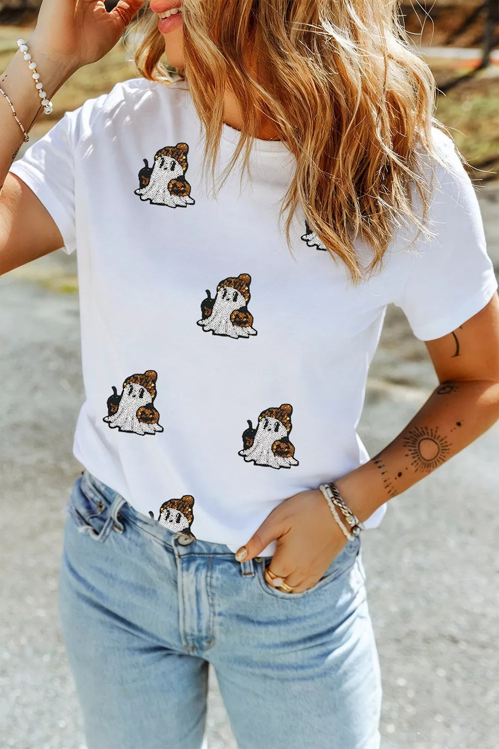 Trendsi Full Size Halloween Sequin Ghost Print Short Sleeve Casual T-Shirt Plus Size -