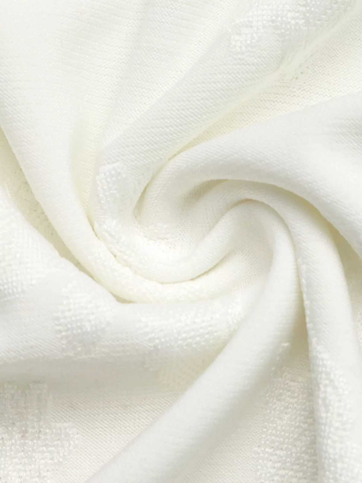 Ivory floral jacquard top with Mandarin collar and loop-button neckline, fabric texture detail