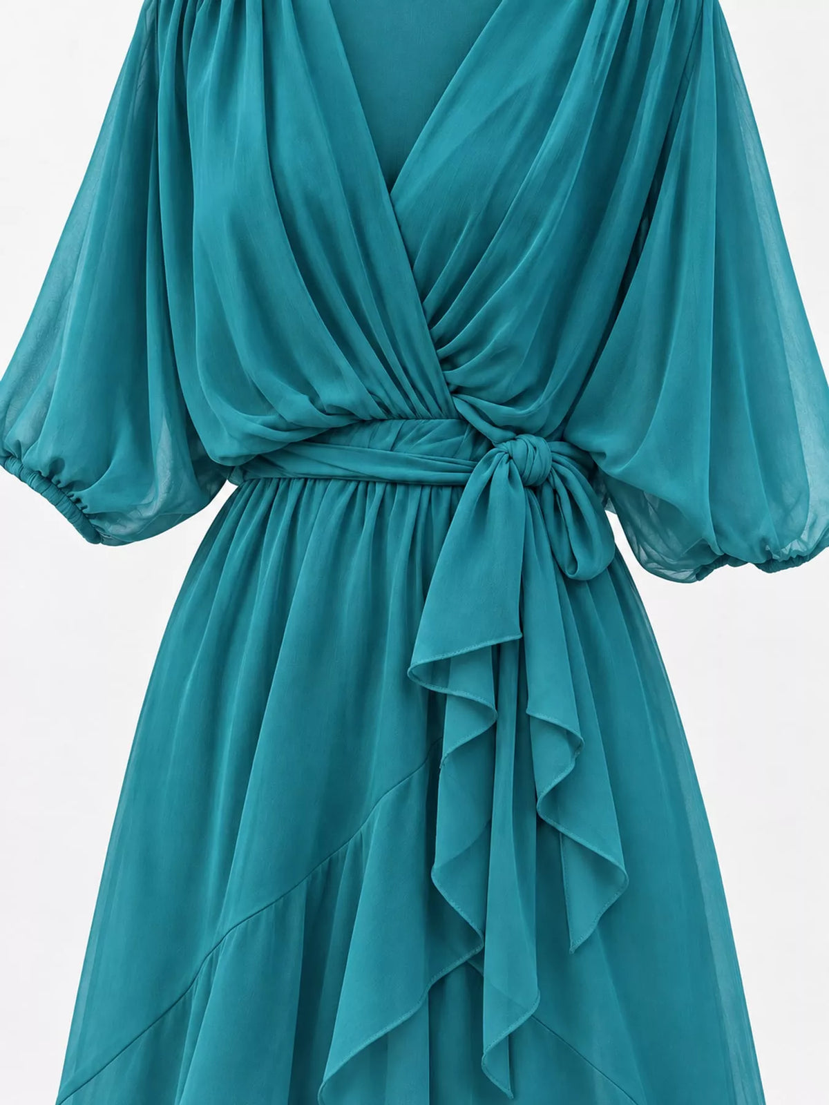 Teal batwing sleeve wrap dress with waist tie, detail view